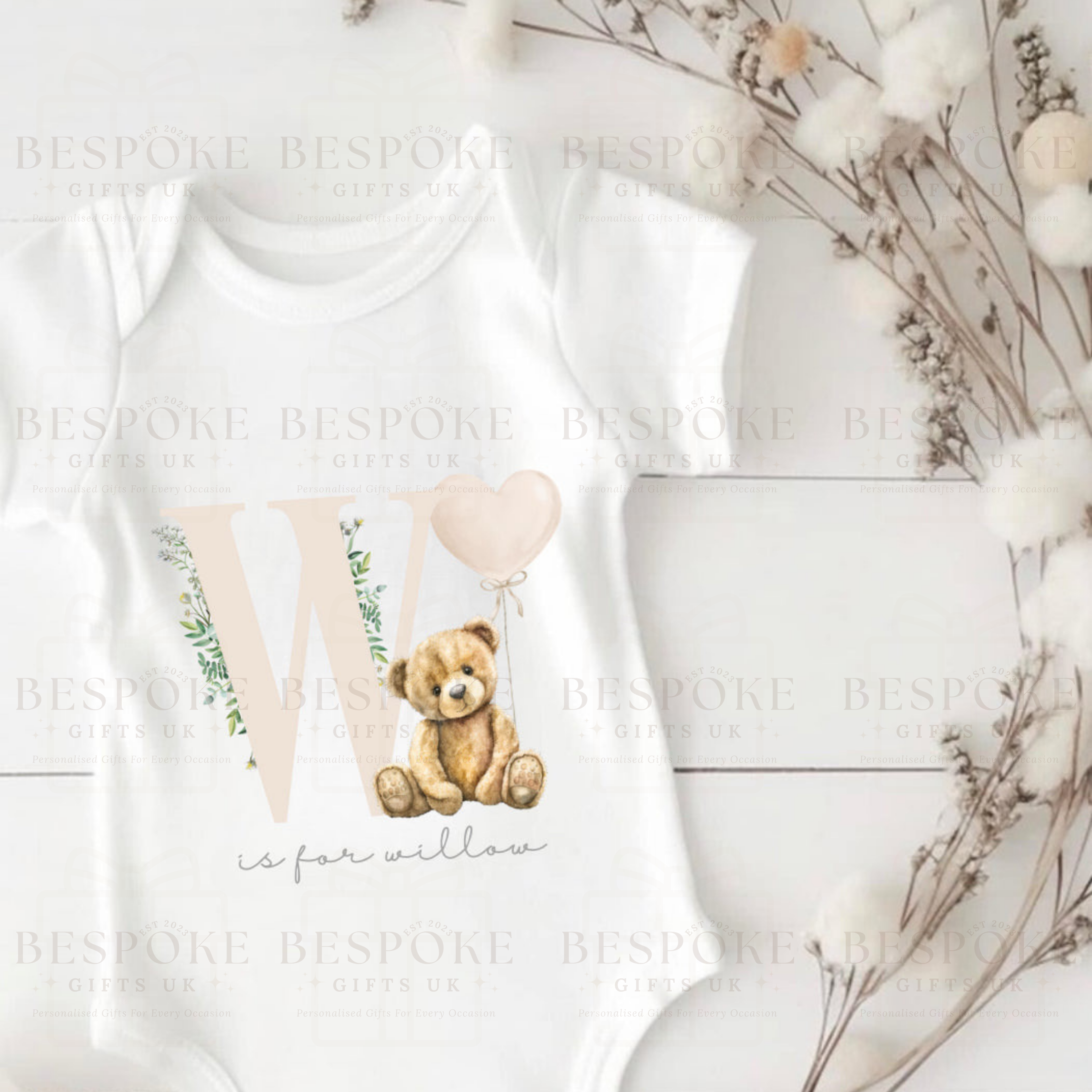 Personalised Initial Teddy Bear Short Sleeve Baby Bodysuit - Neutral