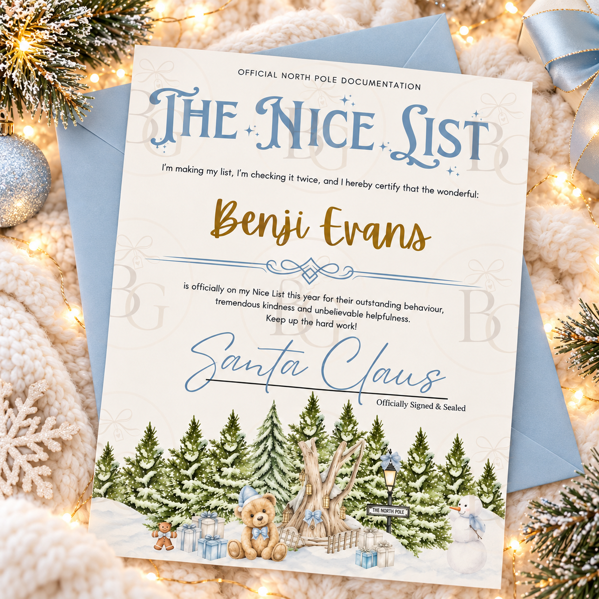 Personalised Nice List Christmas Certificate & Envelope - Blue