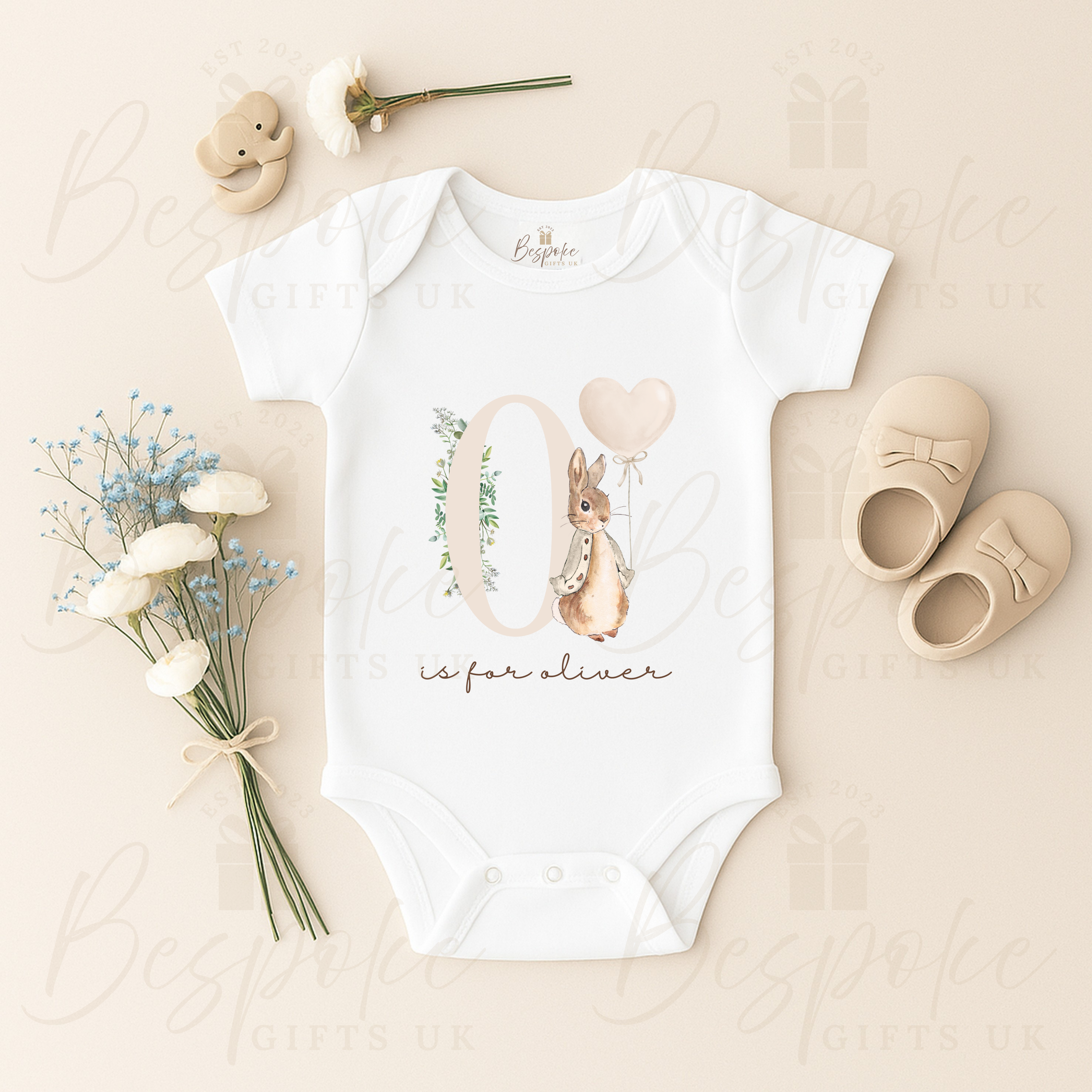 Personalised Initial Flopsy Short Sleeve Baby Bodysuit - Neutral