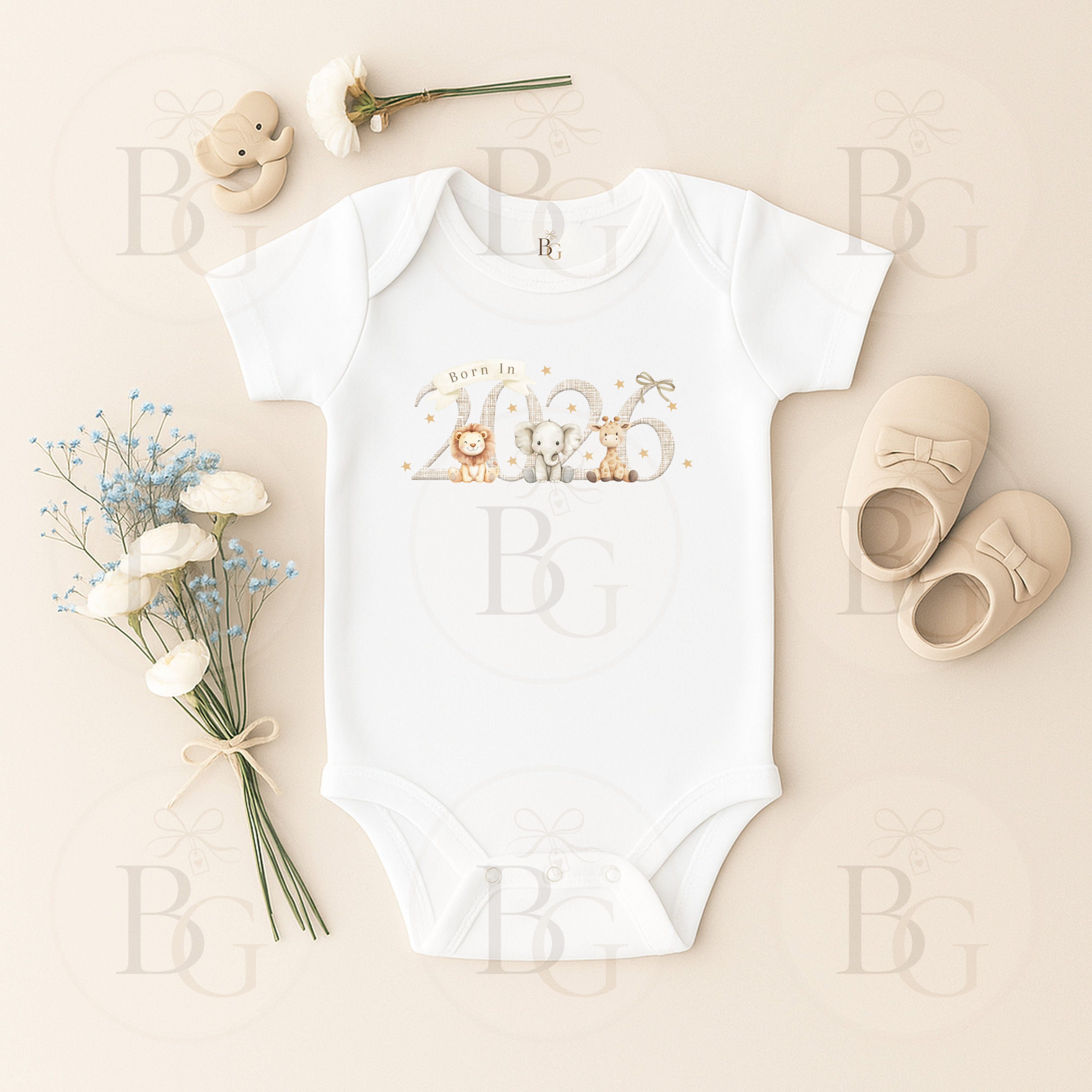 Born In 2026 - Short Sleeve Baby Vest - Safari Design