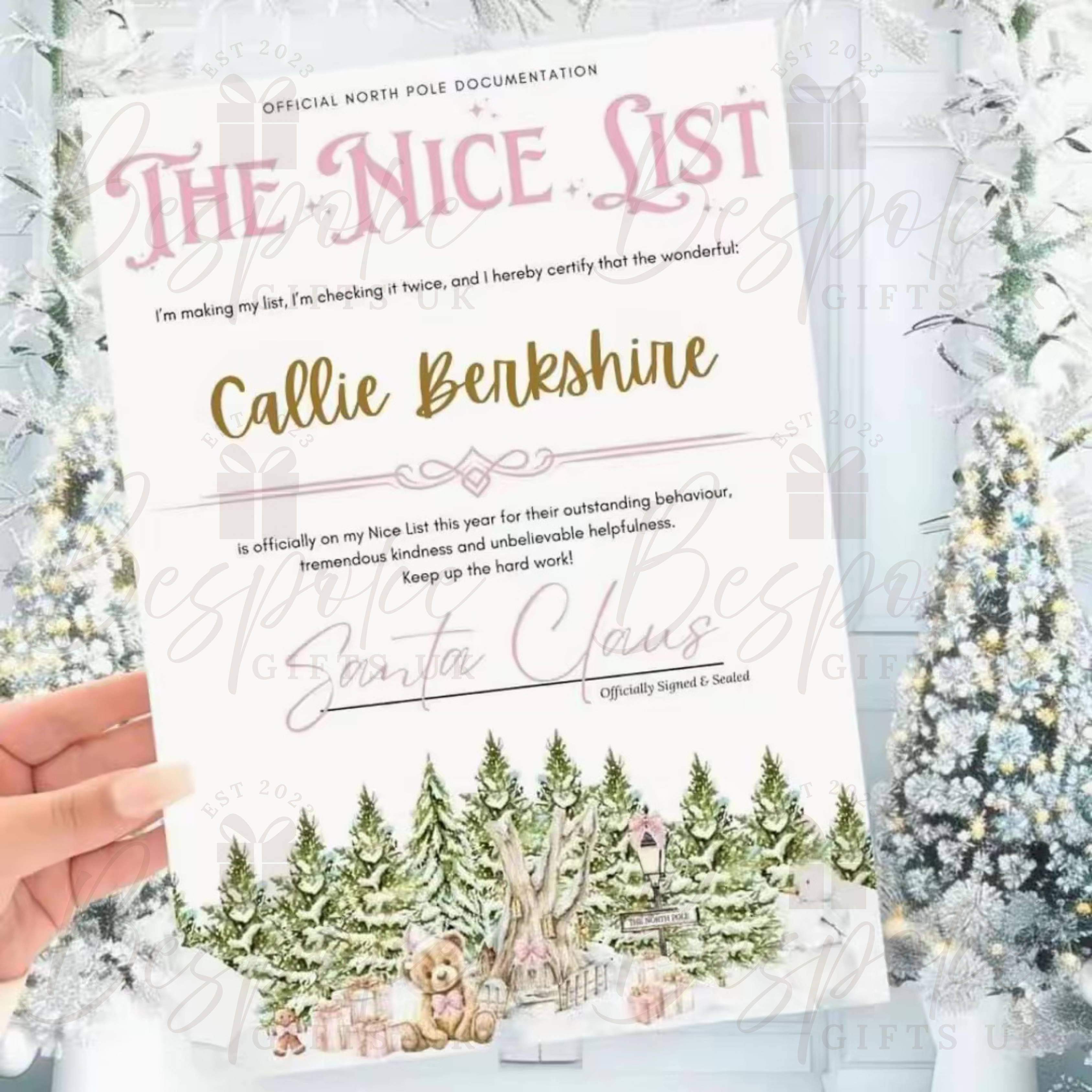 Personalised Nice List Christmas Certificate - Pink