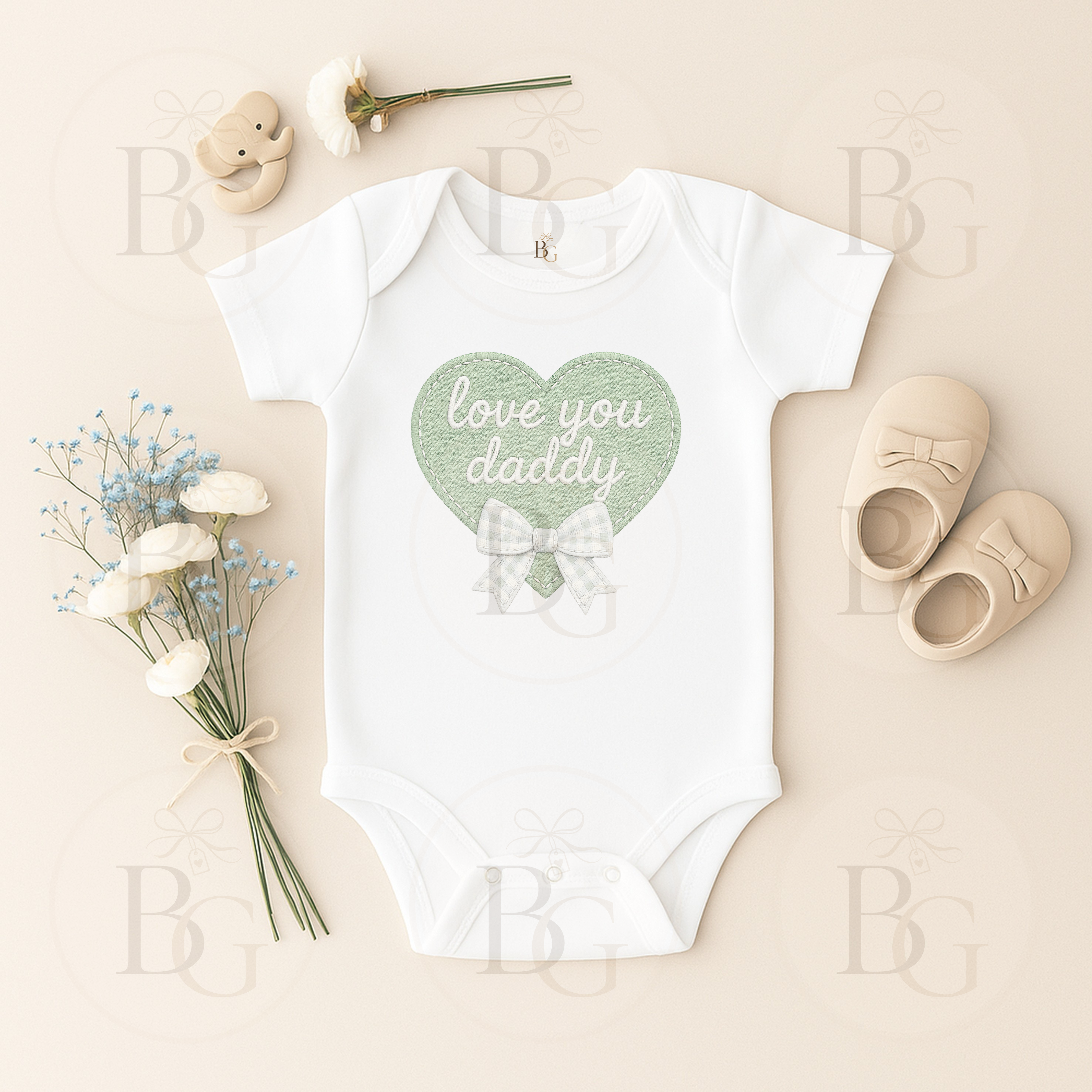 Love You Daddy - Short Sleeve Baby Vest - Sage Green Heart