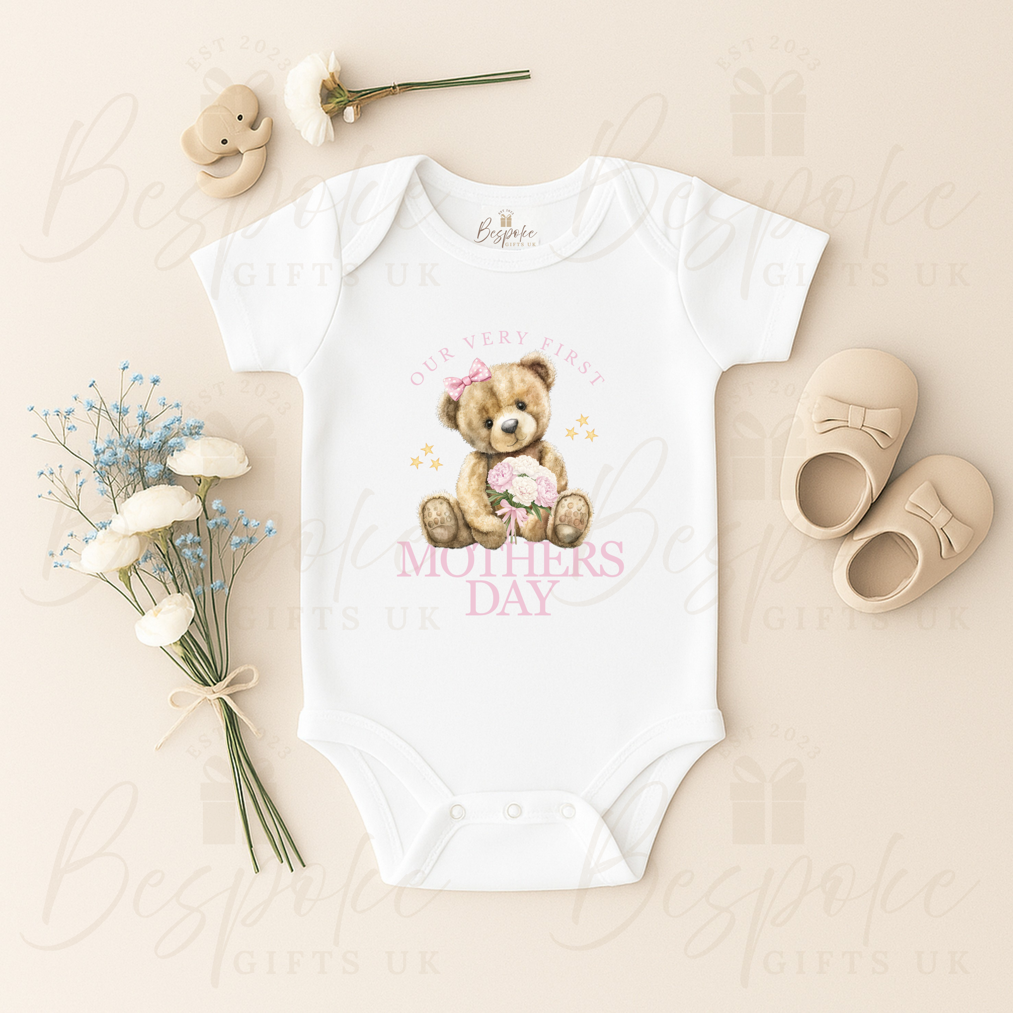 Very First Mother’s Day Short Sleeve Baby Bodysuit - Pink Design