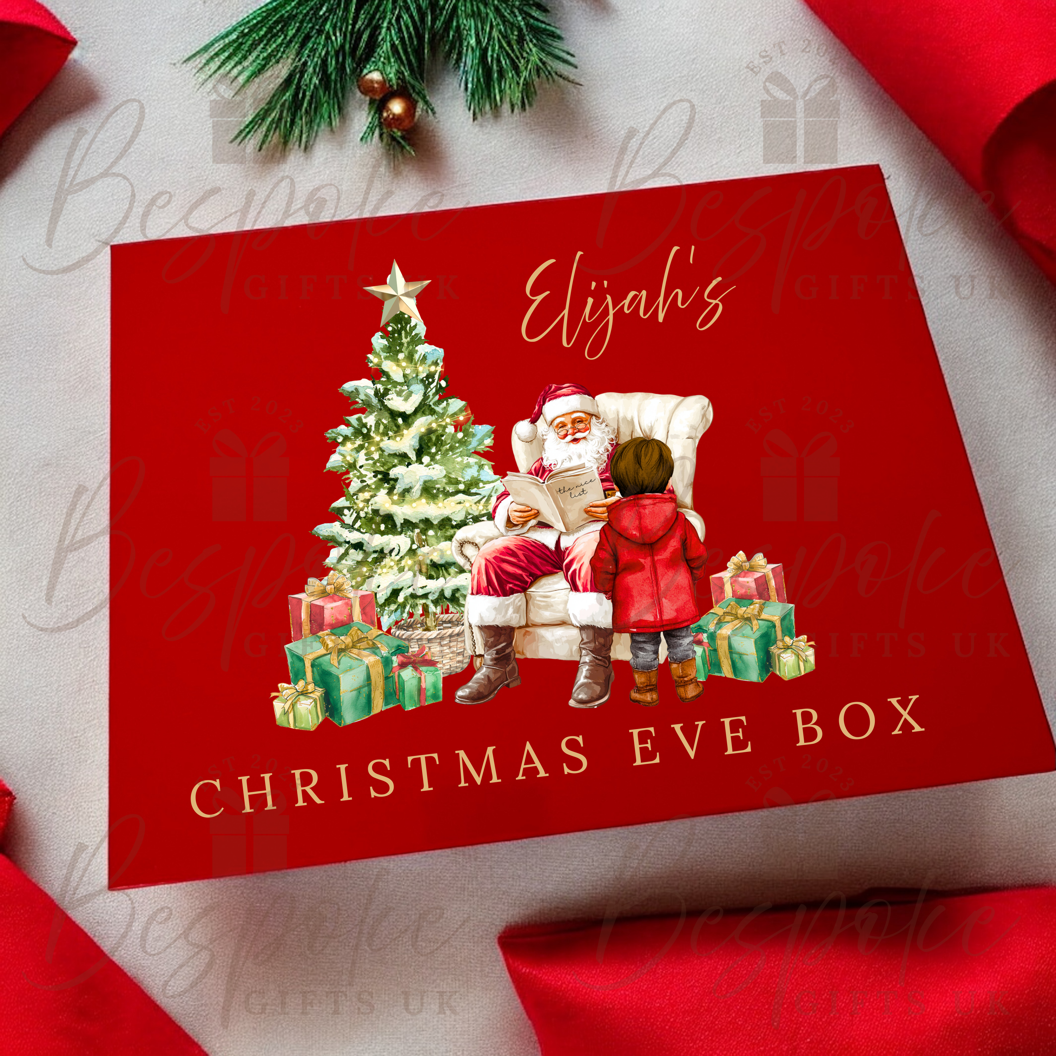 Personalised Red Magnetic Christmas Eve Gift Box - Boy Design