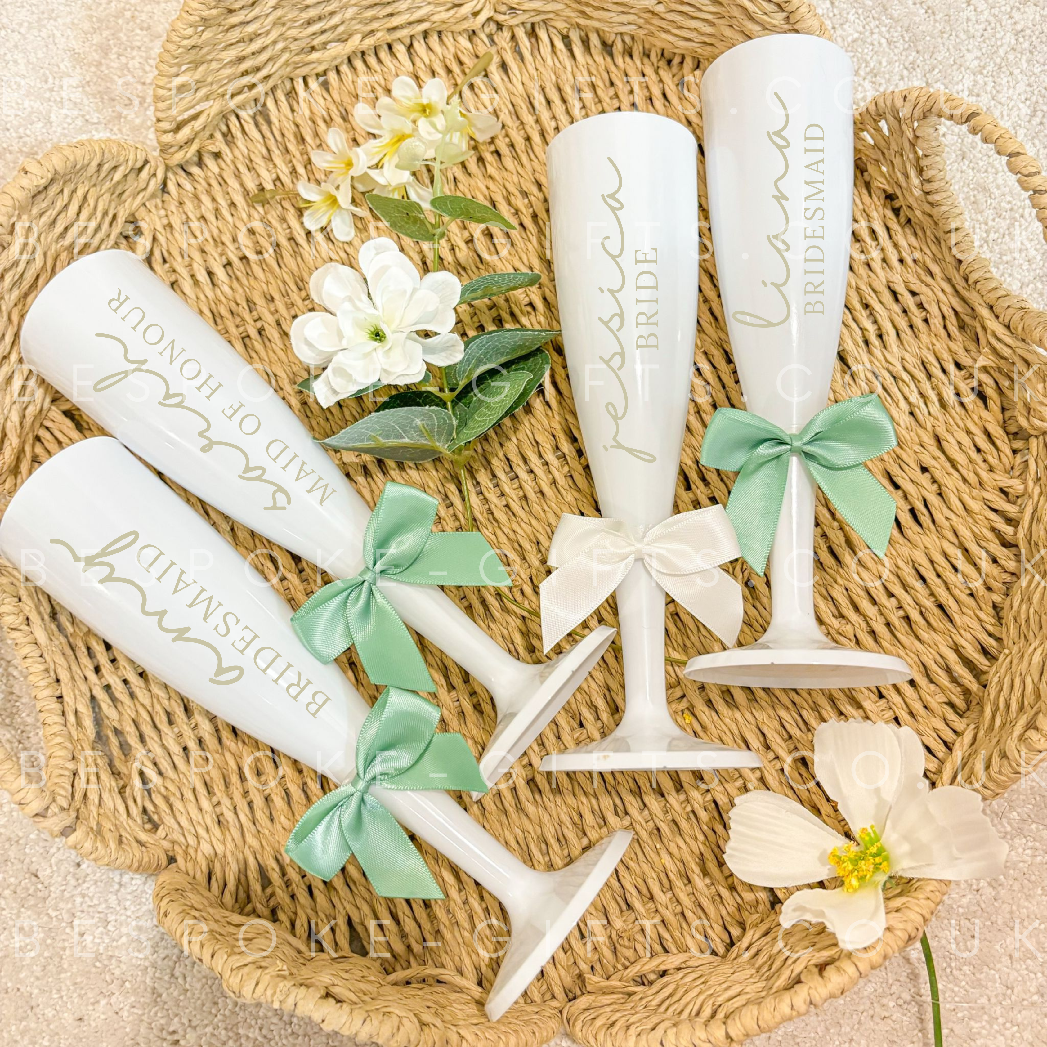 Personalised White Plastic Champagne Glasses