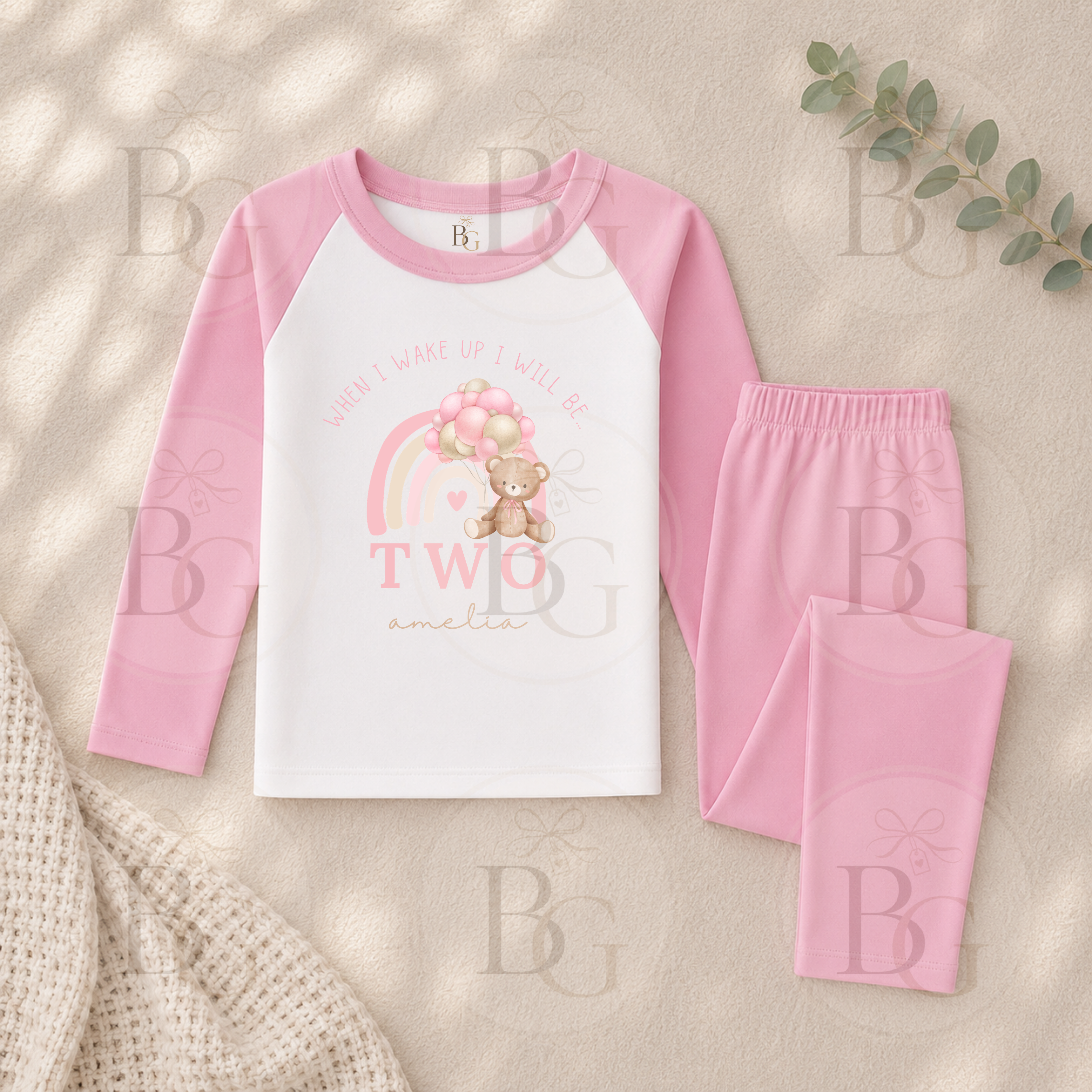 Personalised Birthday Pyjamas – Rainbow Design - Pink