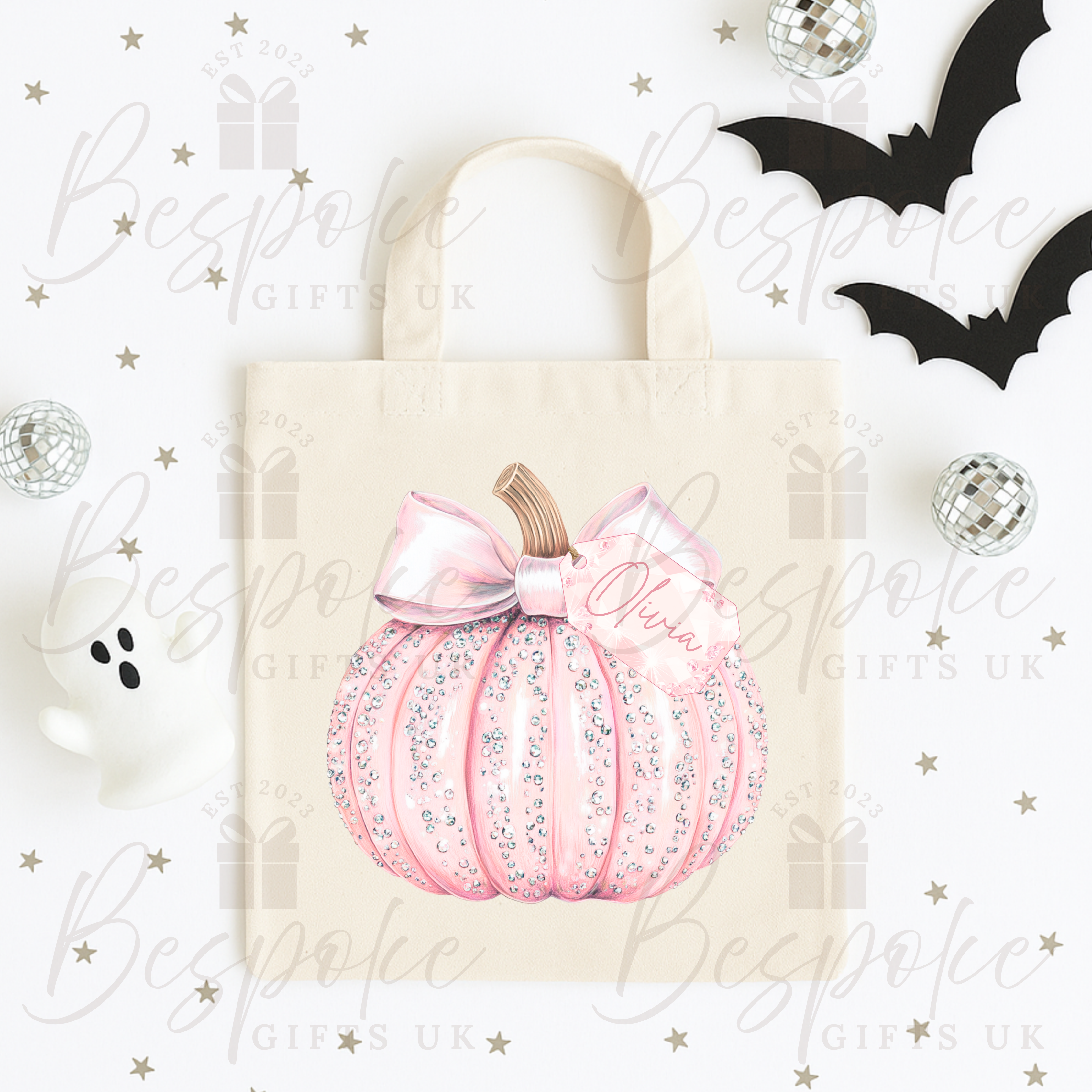 Personalised Sparkly Pink Pumpkin - Canvas Bag