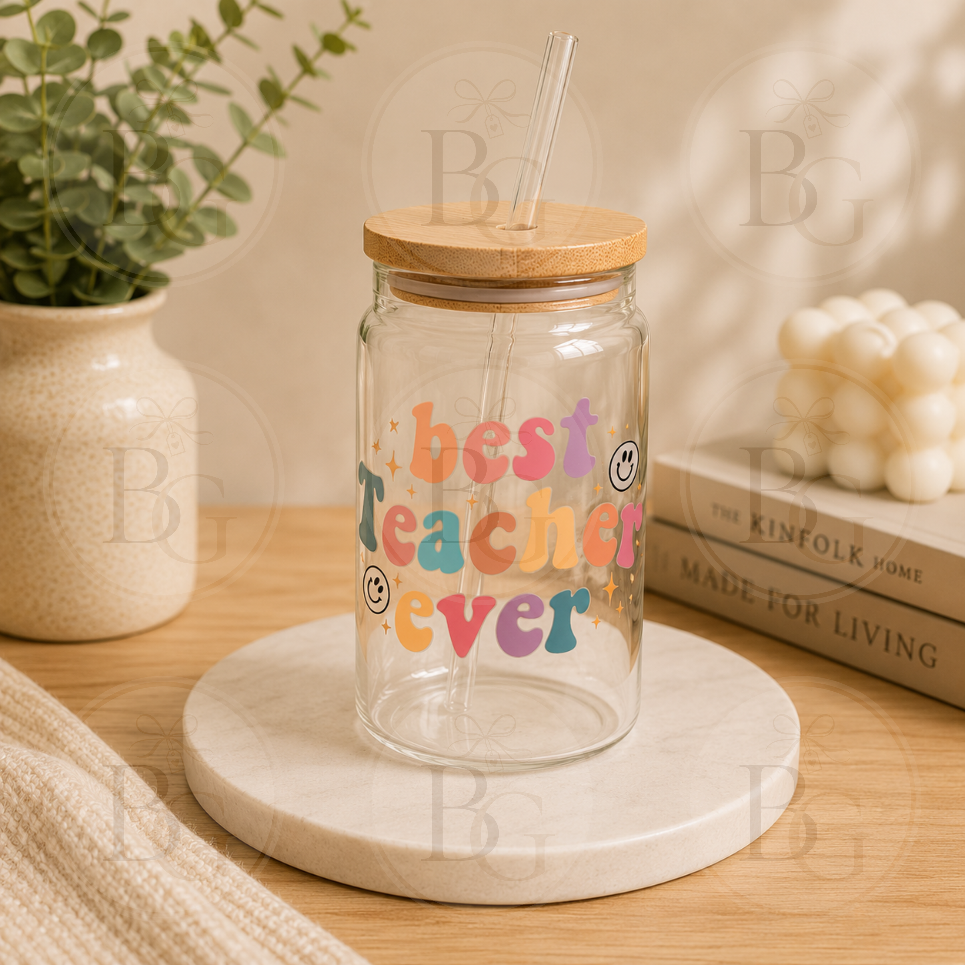 Best Teacher Ever Glass Tumbler – Teacher Thank You Gift with Bamboo Lid & Straw