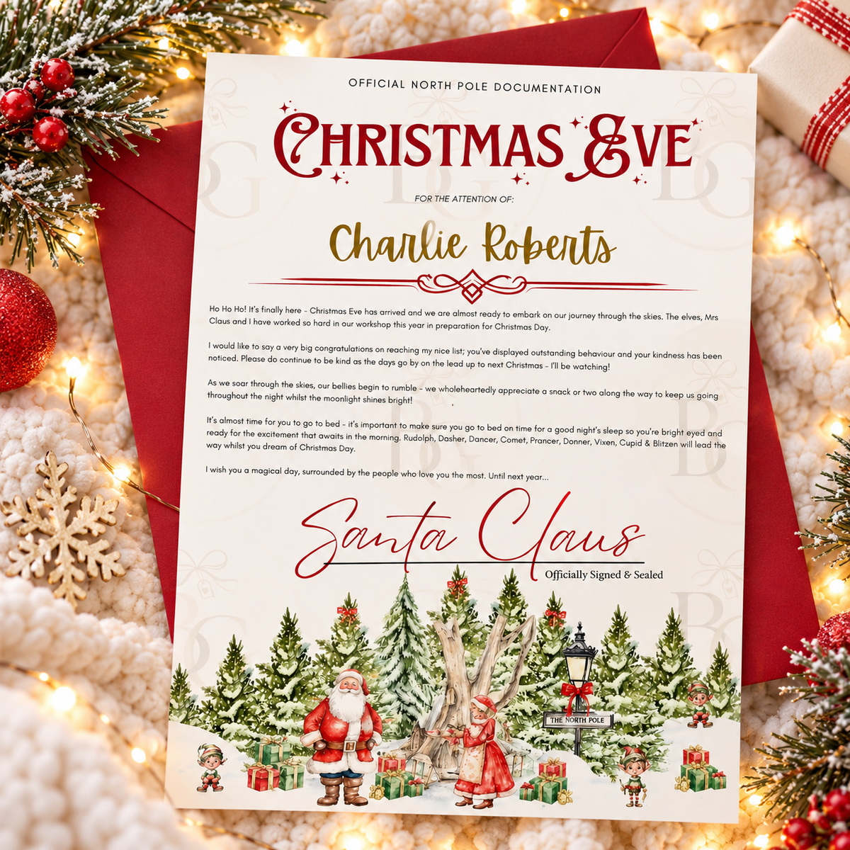 Personalised Christmas Eve Certificate & Envelope - Red