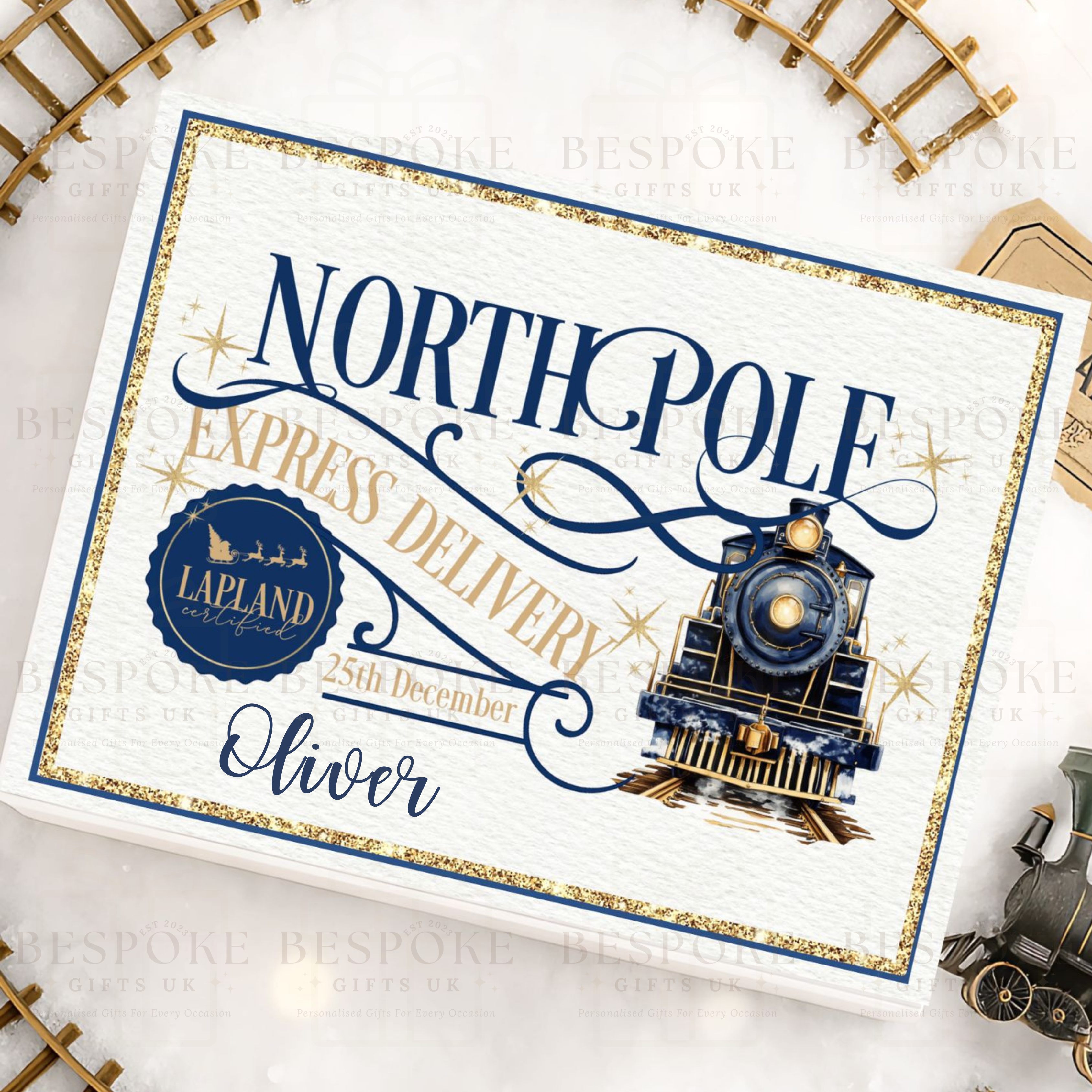 Personalised Magnetic White Gift Box - North Pole Express Train - Navy