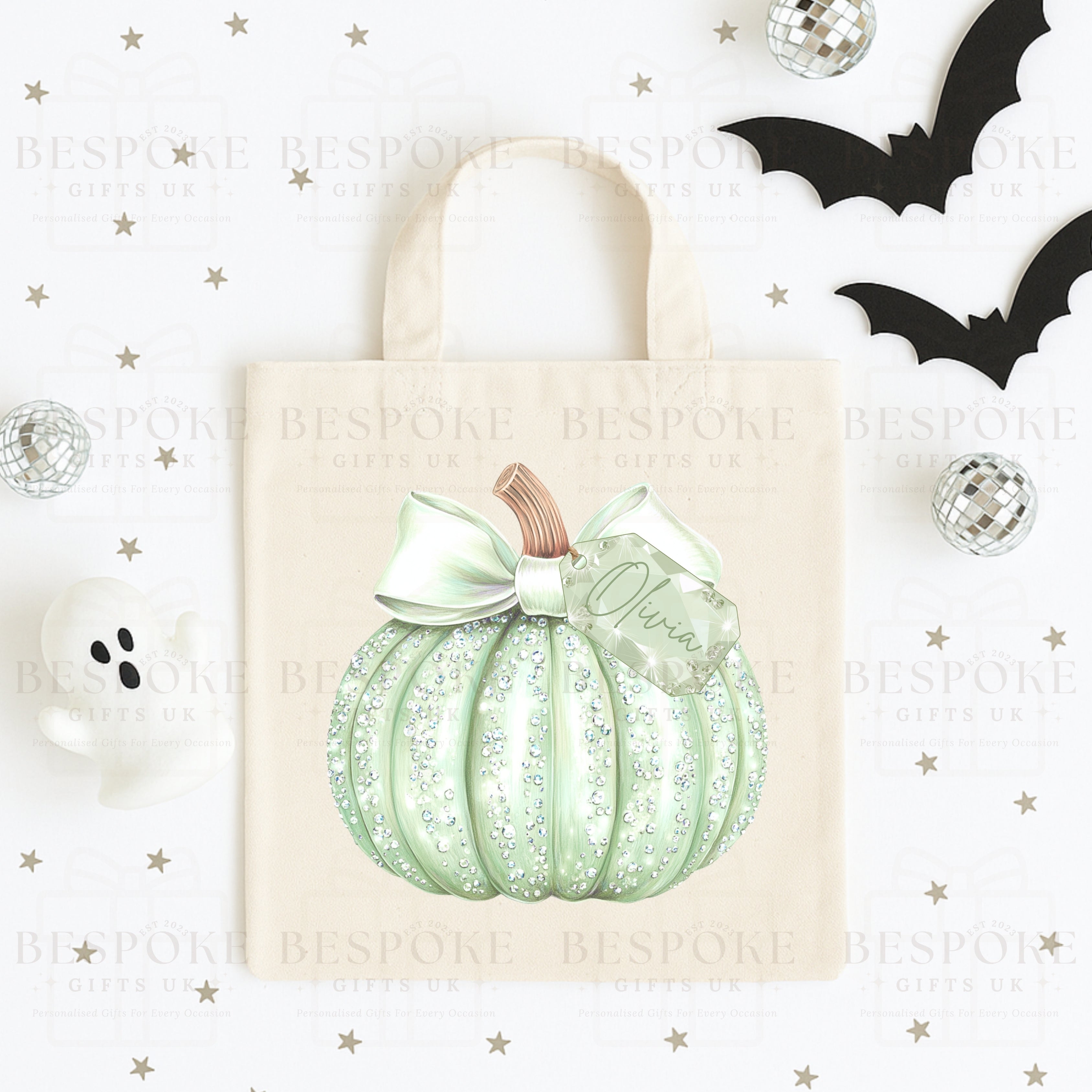 Personalised Sparkly Green Pumpkin - Canvas Bag