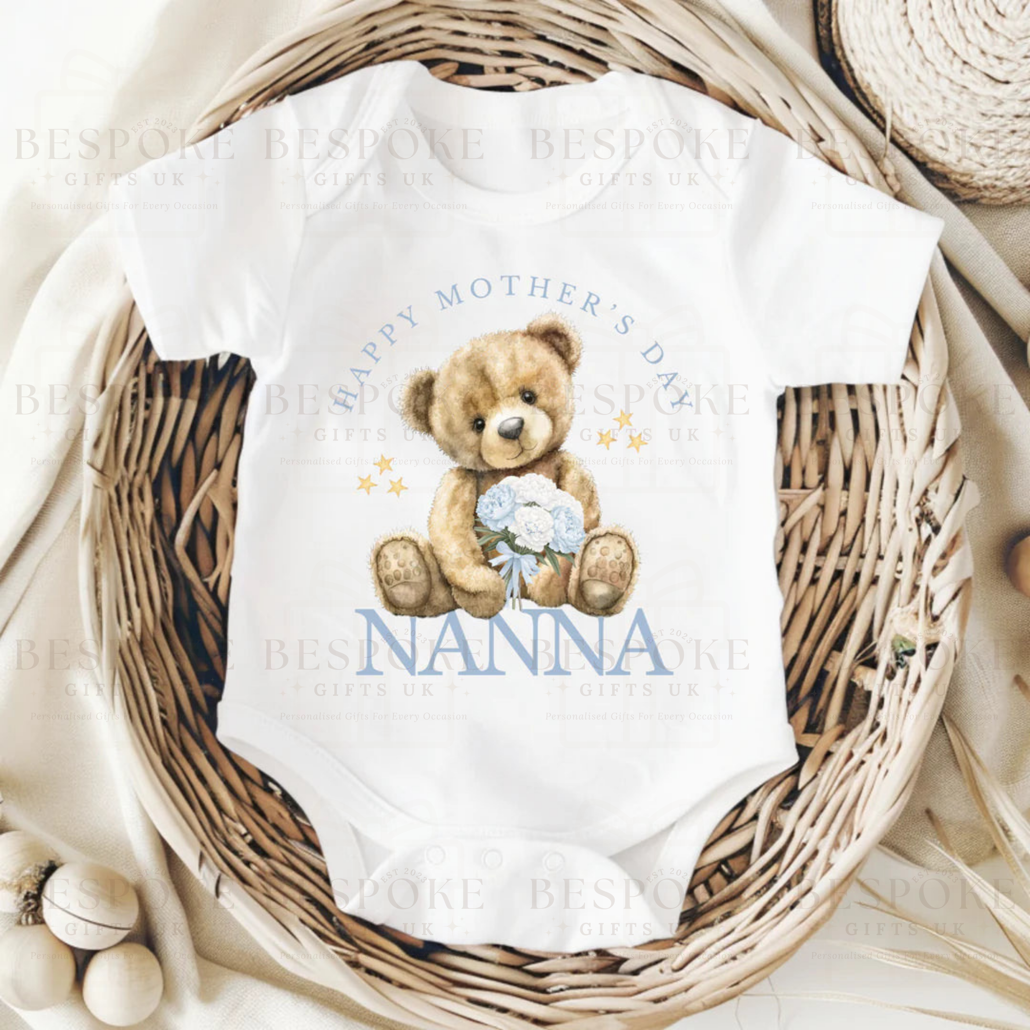 Happy Mother’s Day Nanna Short Sleeve Baby Bodysuit - Blue Design