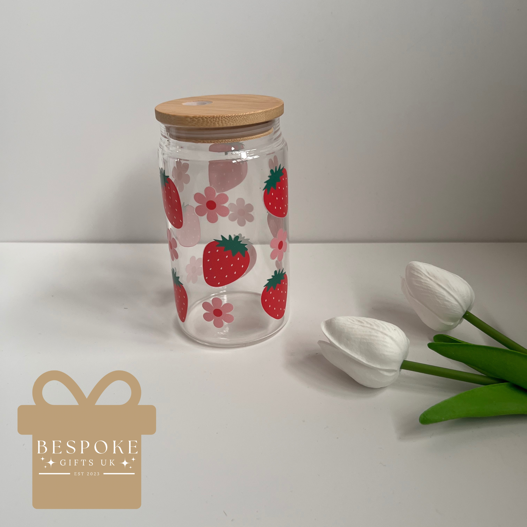 Strawberries & Flowers - 16oz Glass Tumbler
