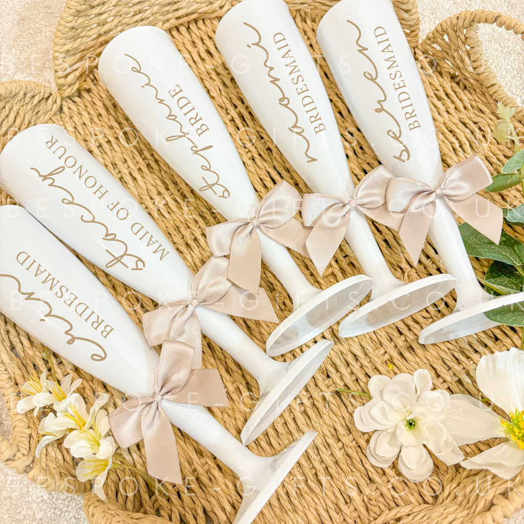 Personalised White Plastic Champagne Glasses