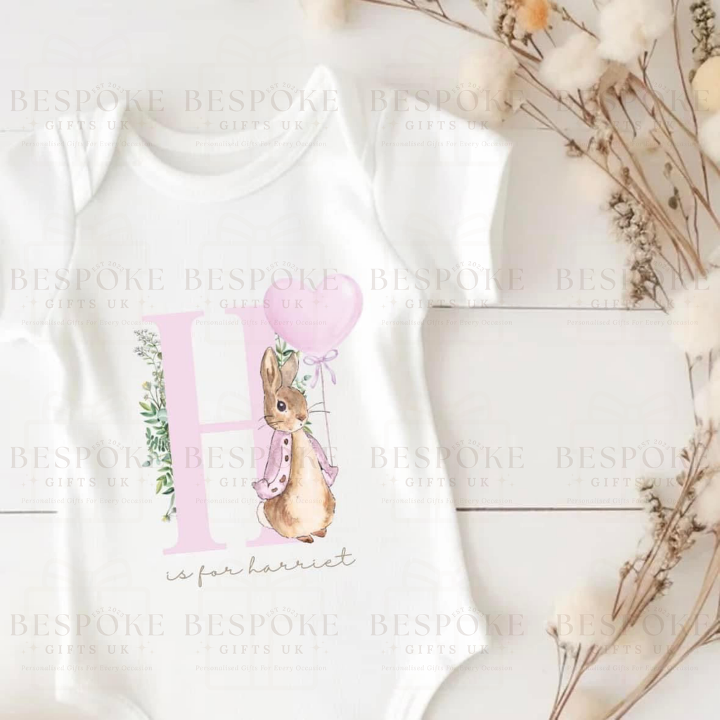 Personalised Initial Flopsy Short Sleeve Baby Bodysuit - Pink