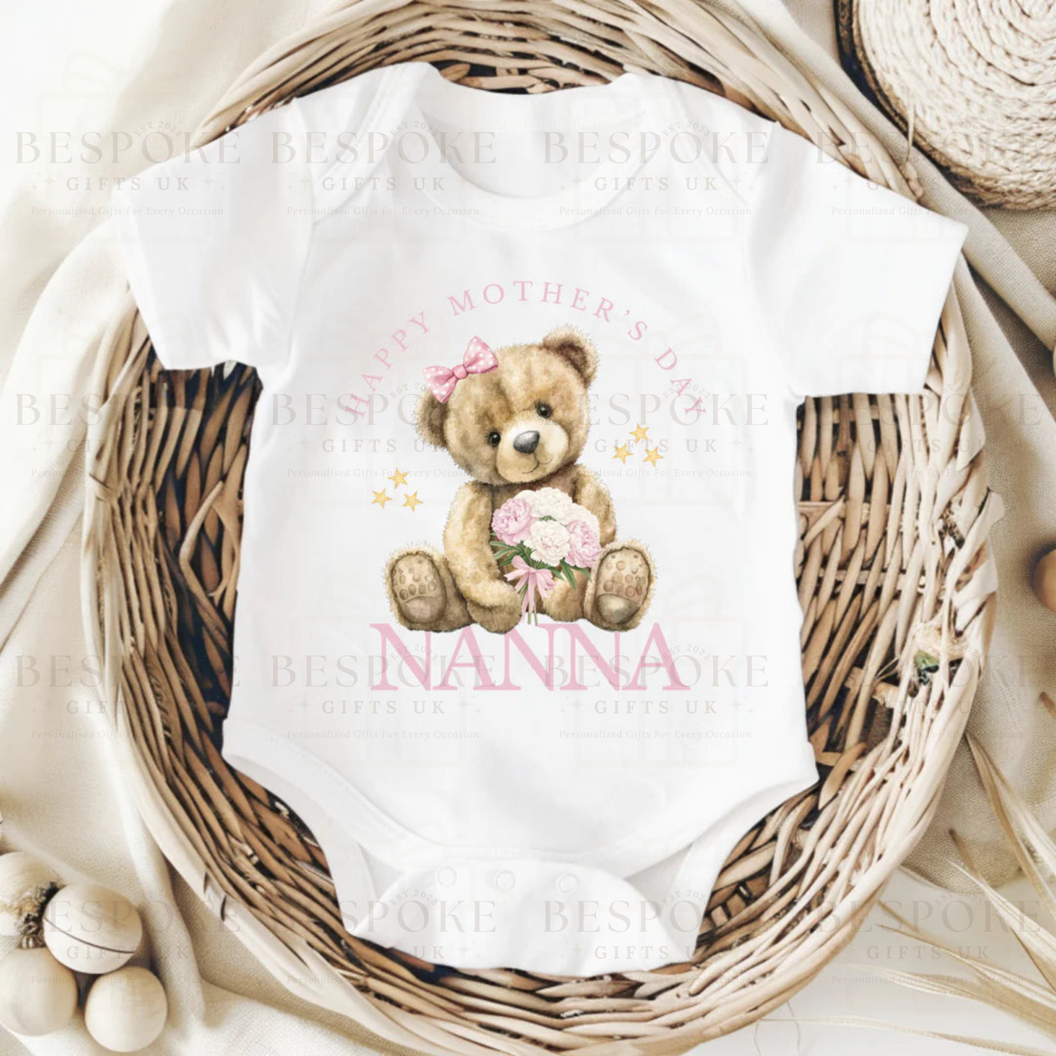Happy Mother’s Day Nanna Short Sleeve Baby Bodysuit - Pink Design