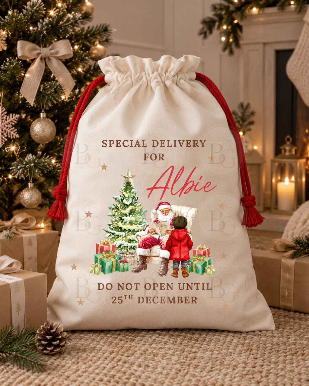 Boys Personalised Christmas Sack – Santa & Christmas Tree