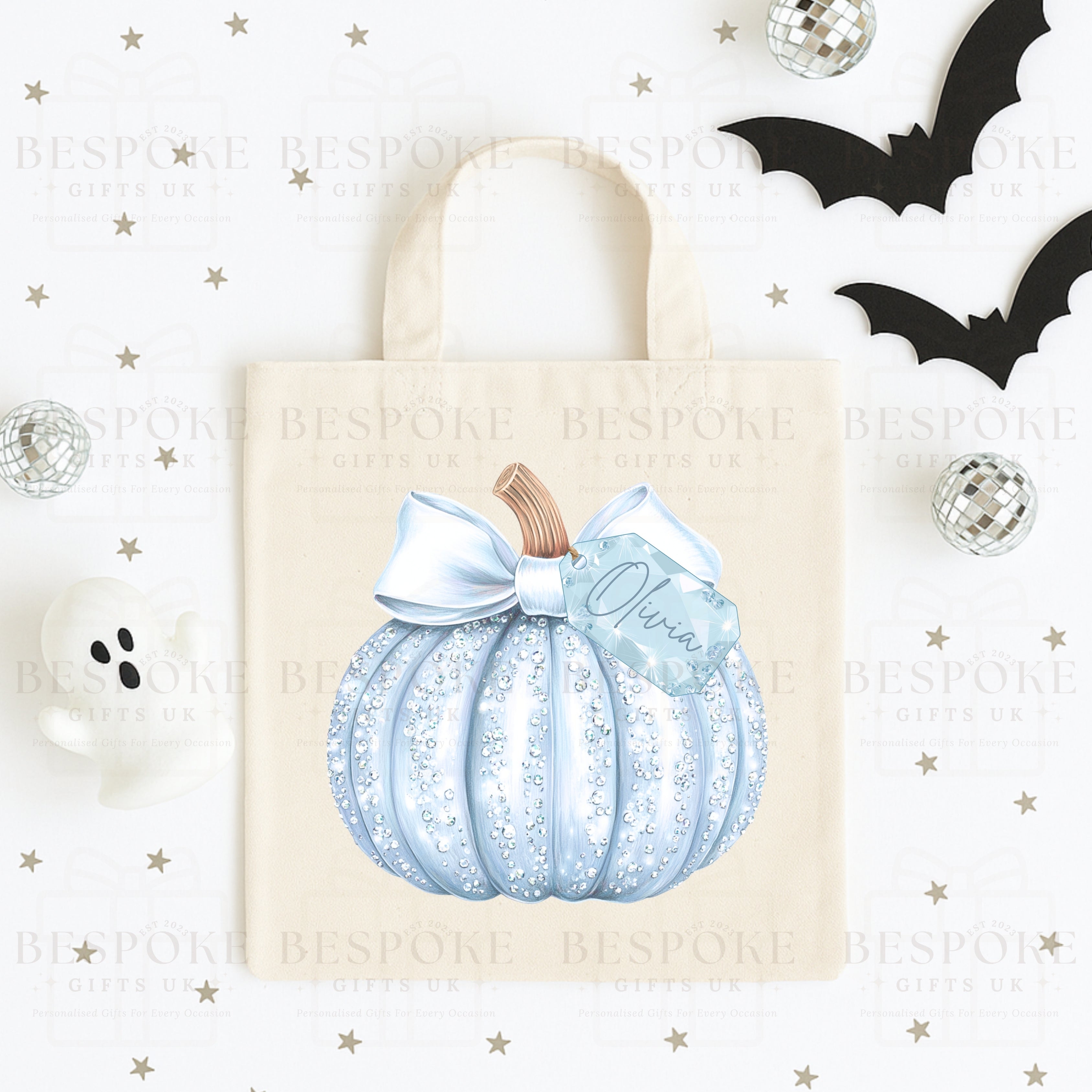 Personalised Sparkly Blue Pumpkin - Canvas Bag