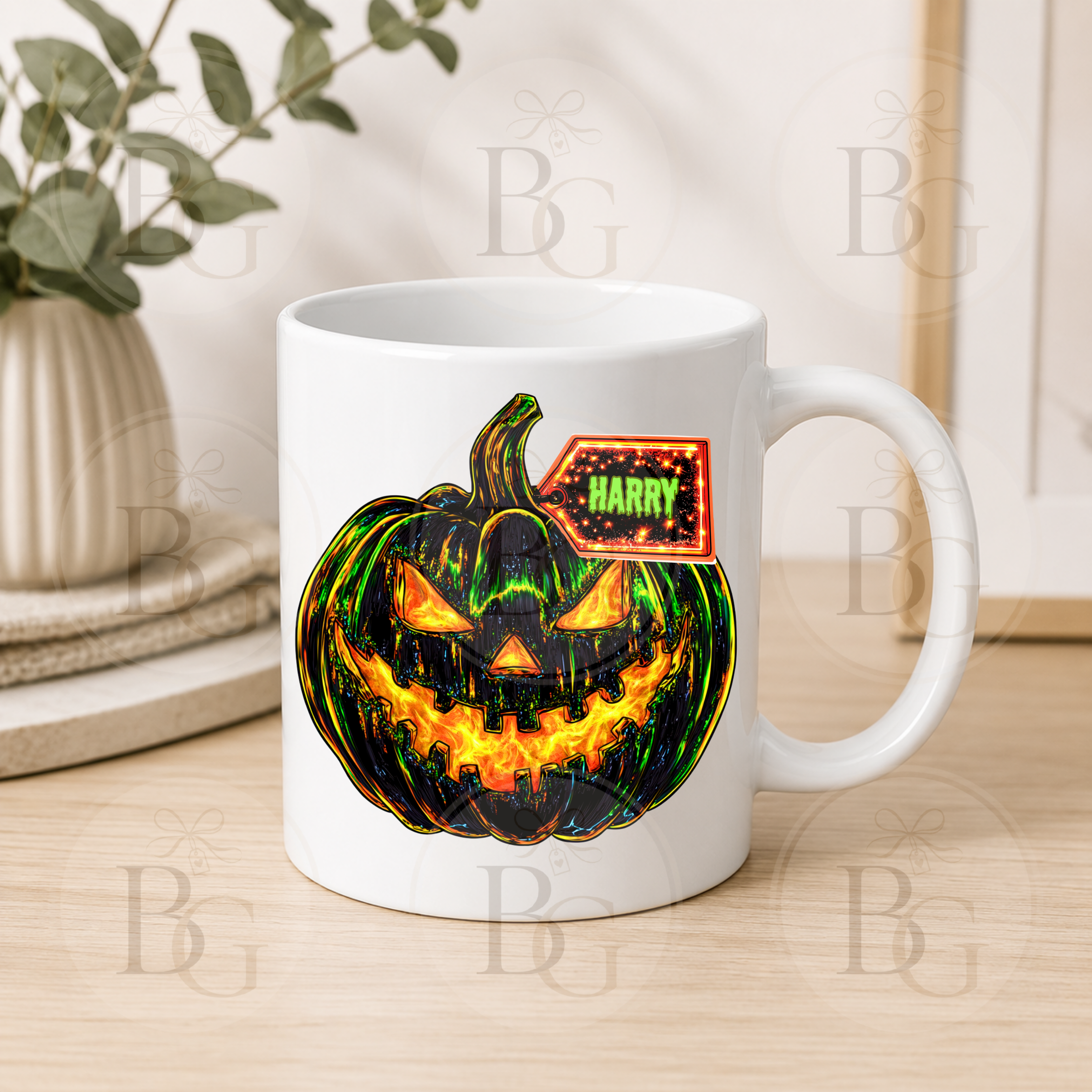 Personalised Sparkly Pumpkin 11oz Ceramic Mug - Neon