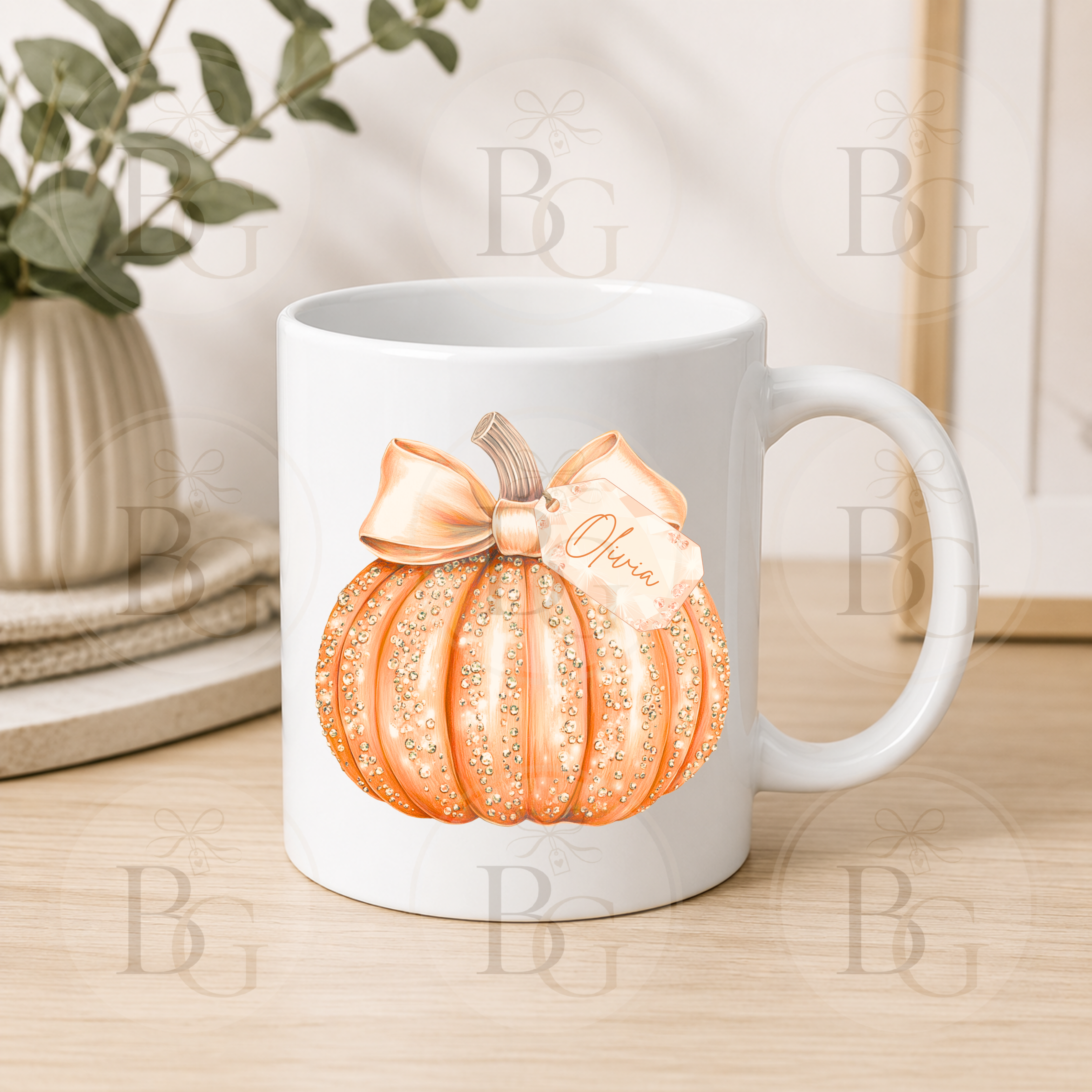 Personalised Sparkly Pumpkin 11oz Ceramic Mug - Orange