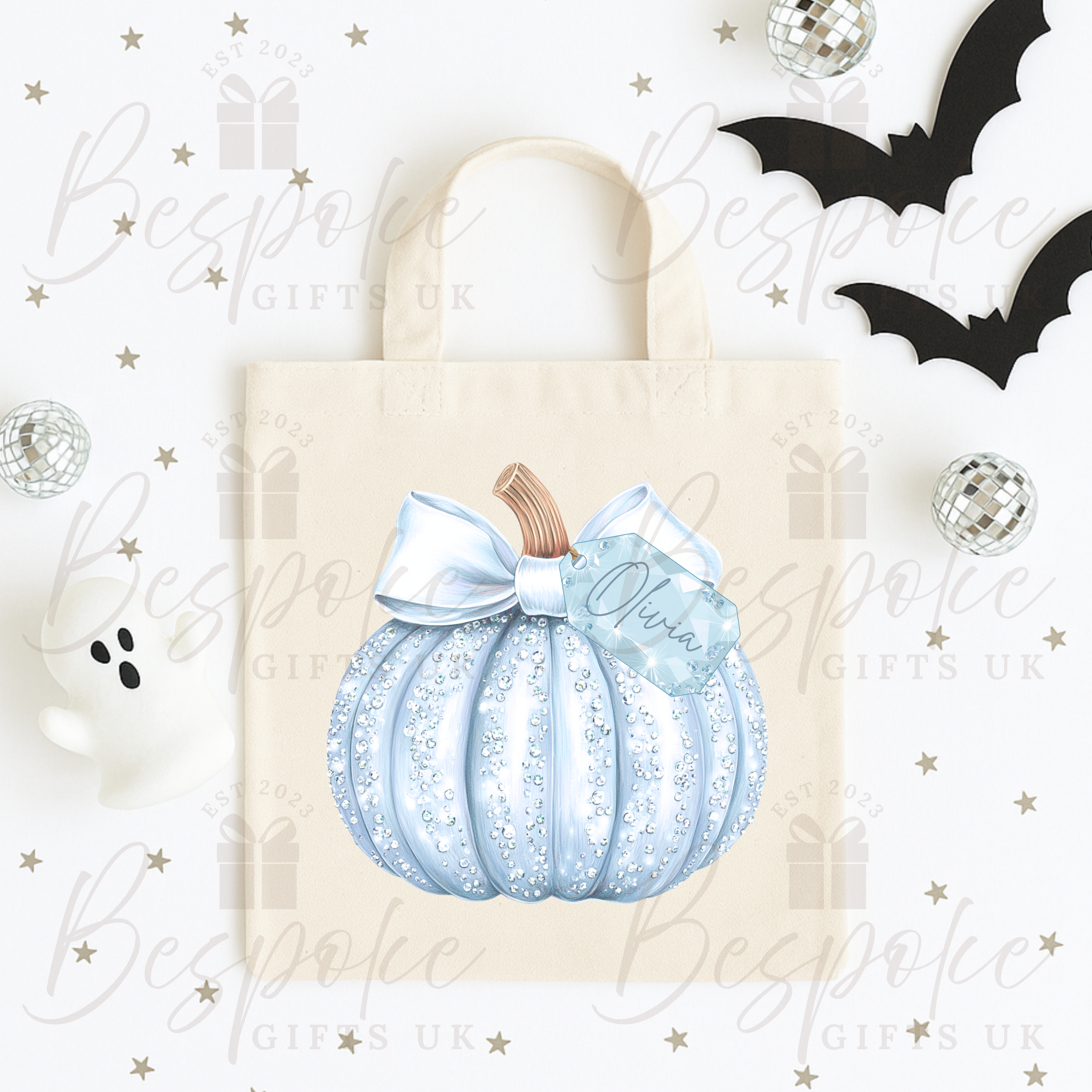 Personalised Sparkly Blue Pumpkin - Canvas Bag
