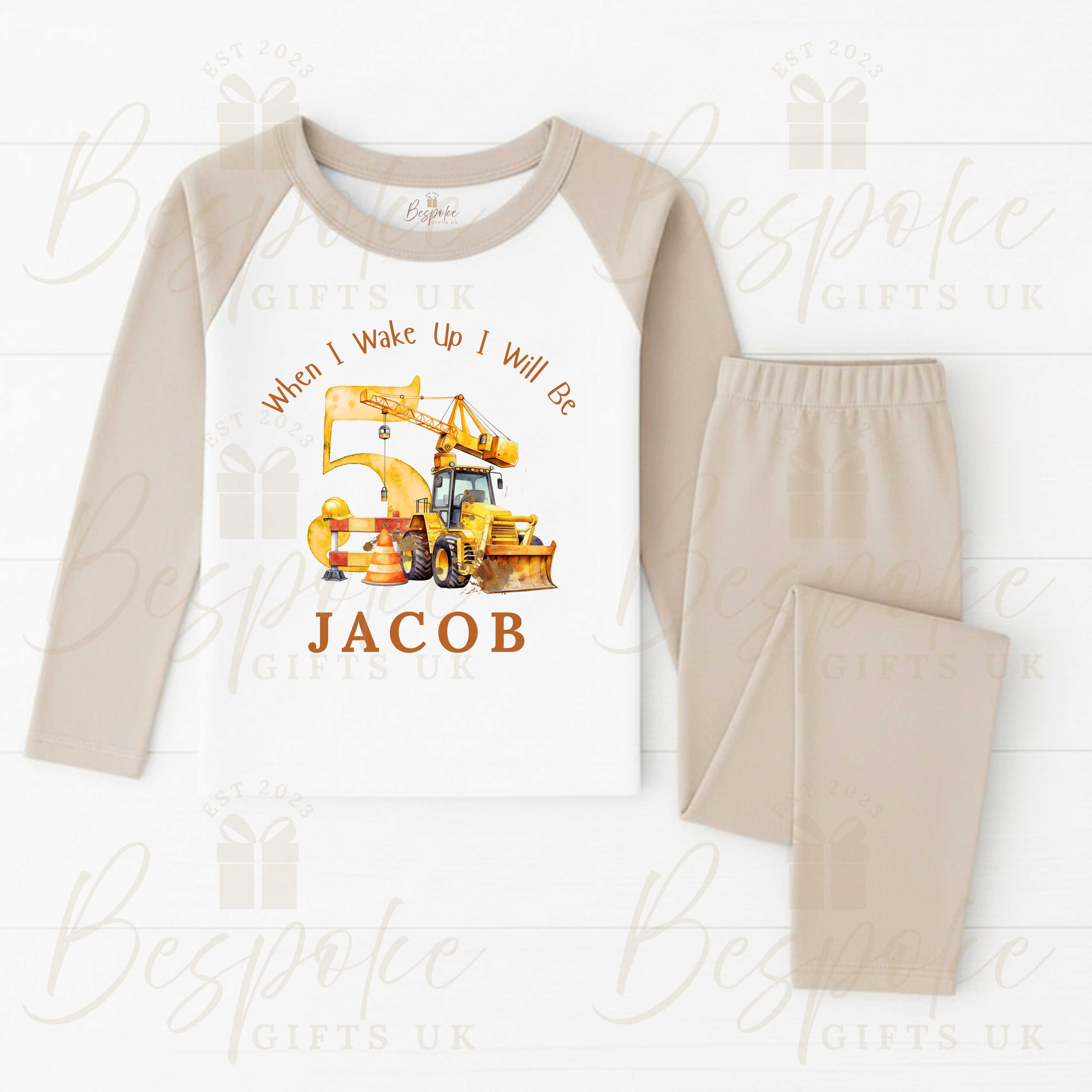 When I Wake Up - Children’s Pyjamas - Digger Design - Stone