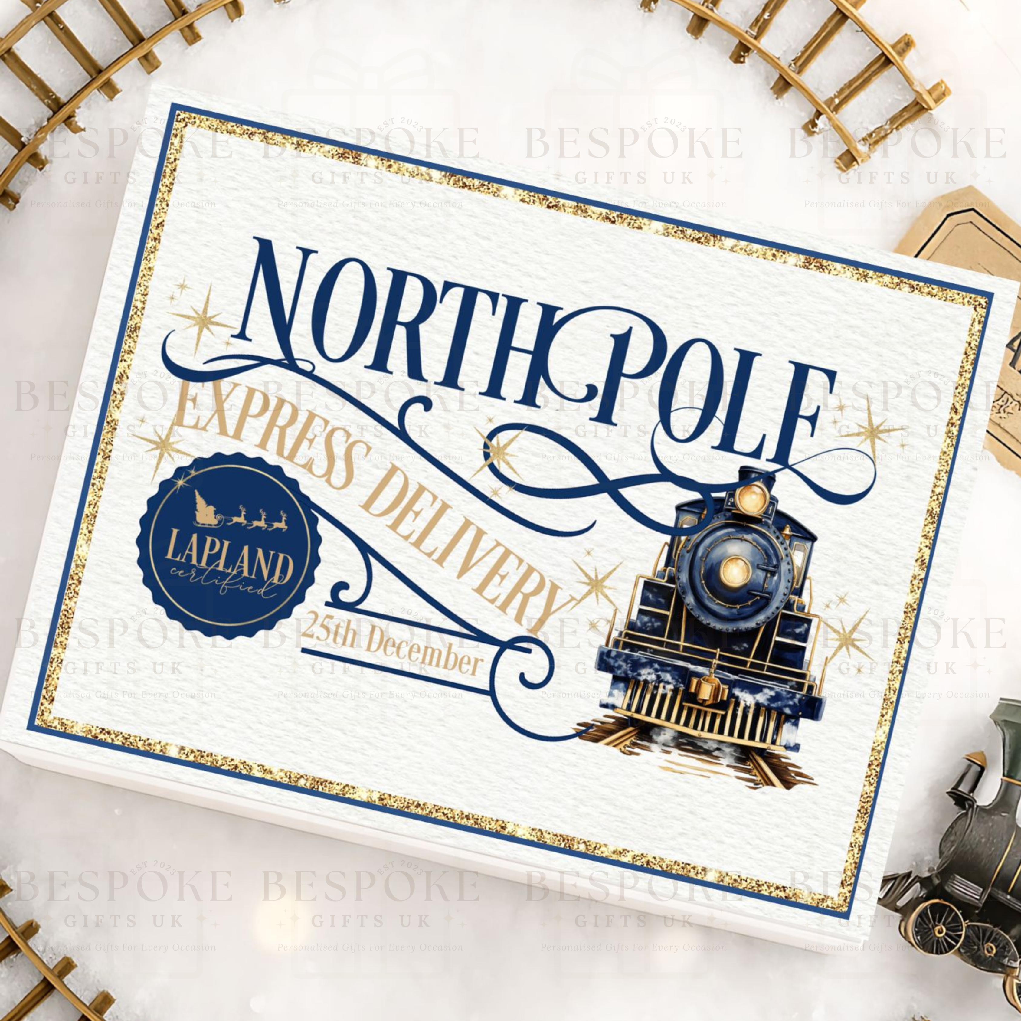 Personalised Magnetic White Gift Box - North Pole Express Train - Navy