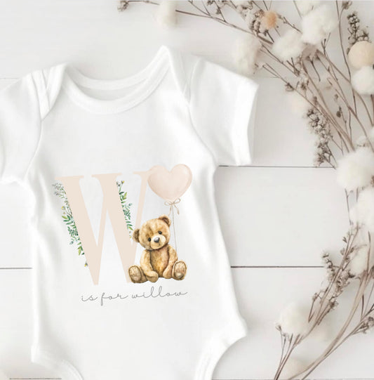 Personalised Initial Teddy Bear Short Sleeve Bodysuit - Neutral