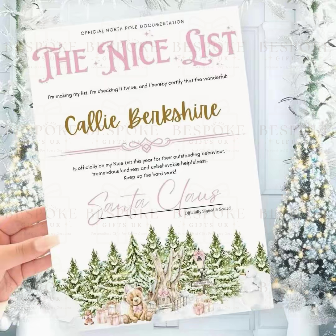 Personalised Nice List Christmas Certificate - Pink
