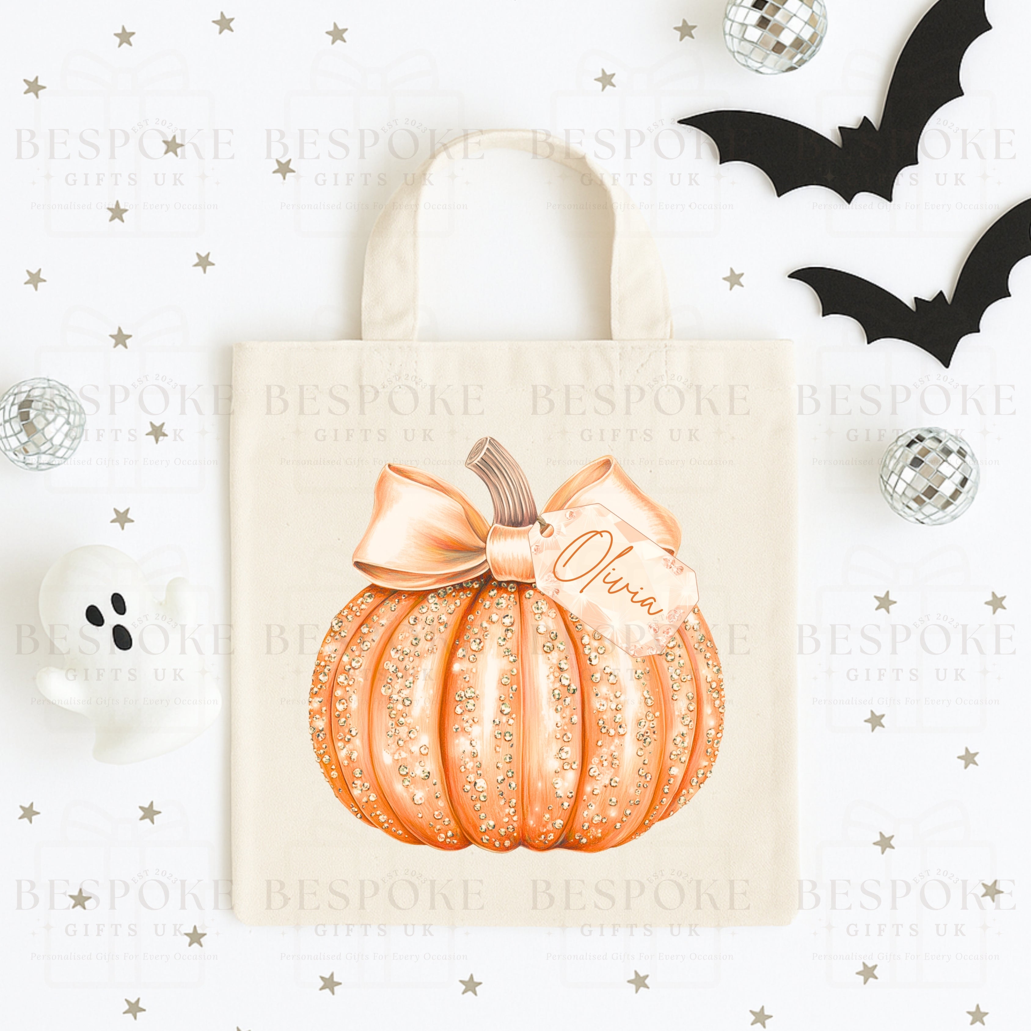 Personalised Sparkly Orange Pumpkin - Canvas Bag