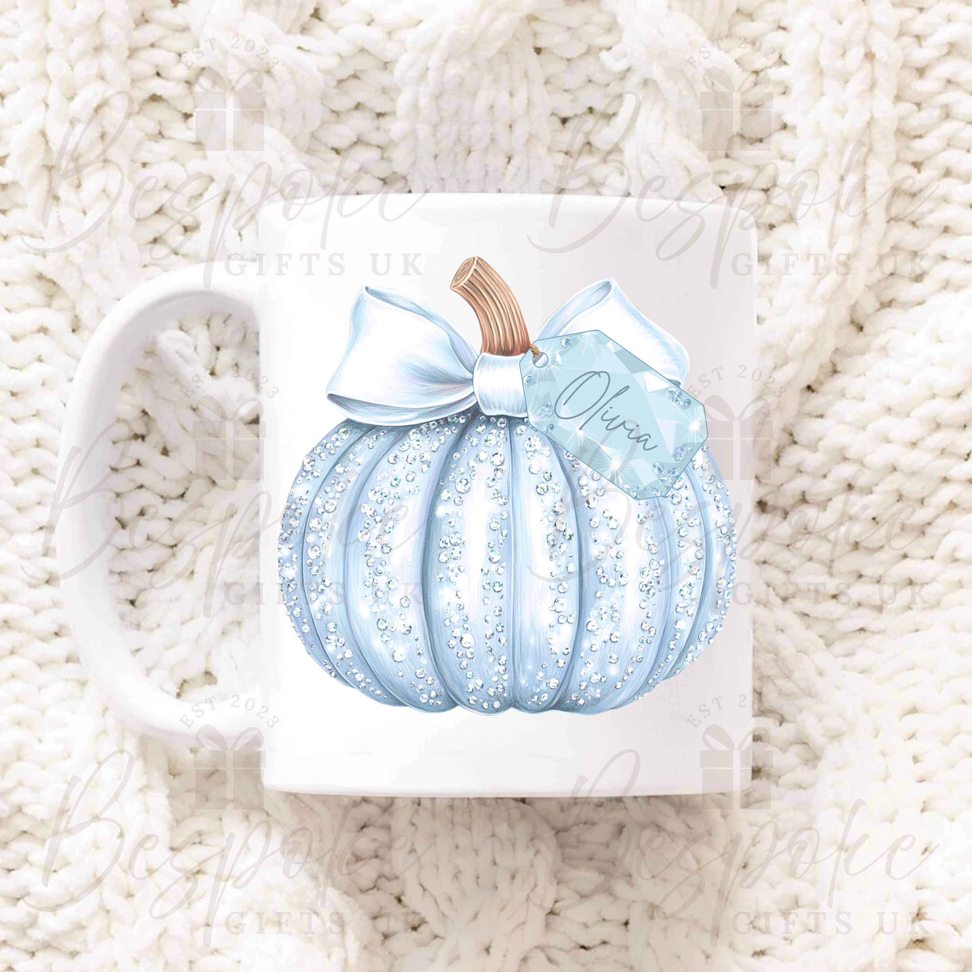 Personalised Sparkly Pumpkin 11oz Ceramic Mug - Blue