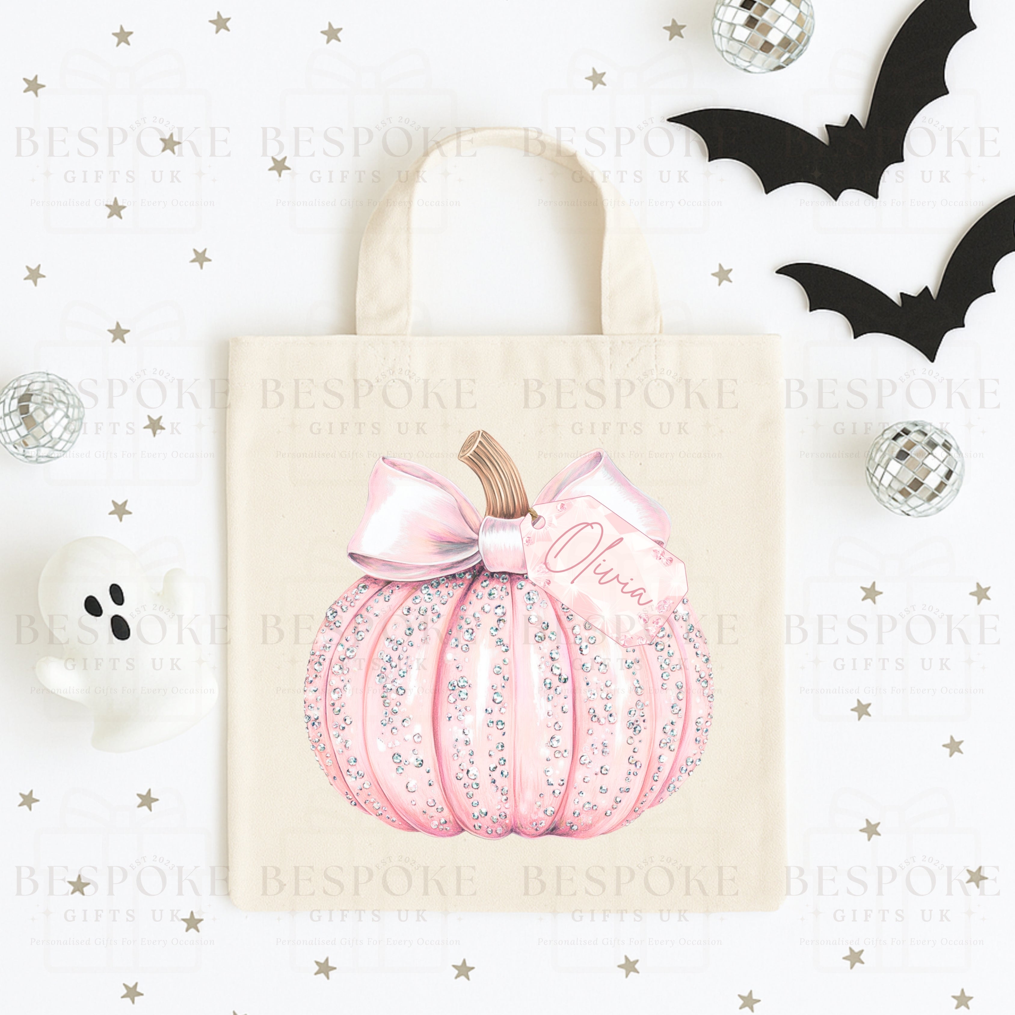 Personalised Sparkly Pink Pumpkin - Canvas Bag