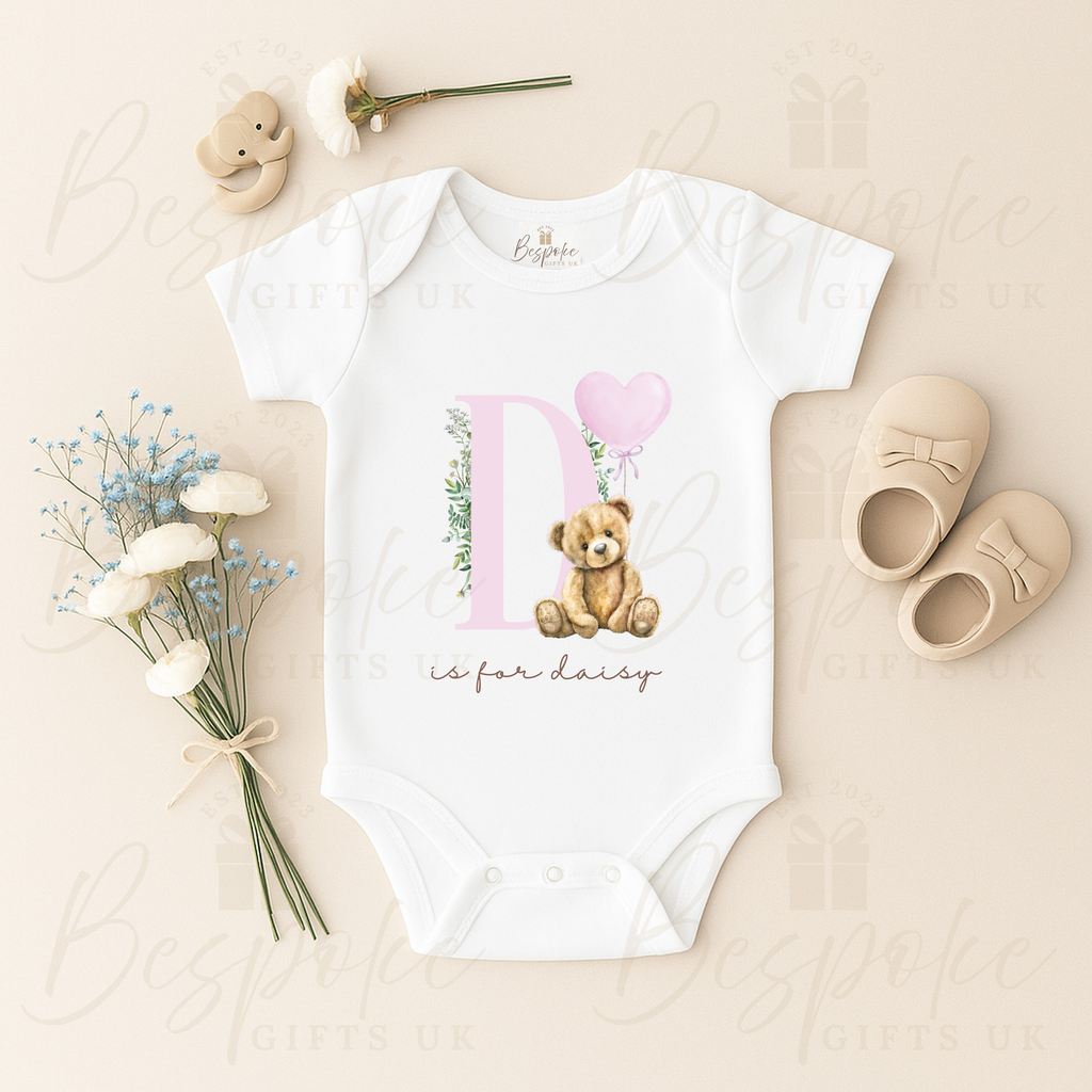 Personalised Initial Teddy Bear Short Sleeve Baby Bodysuit - Pink
