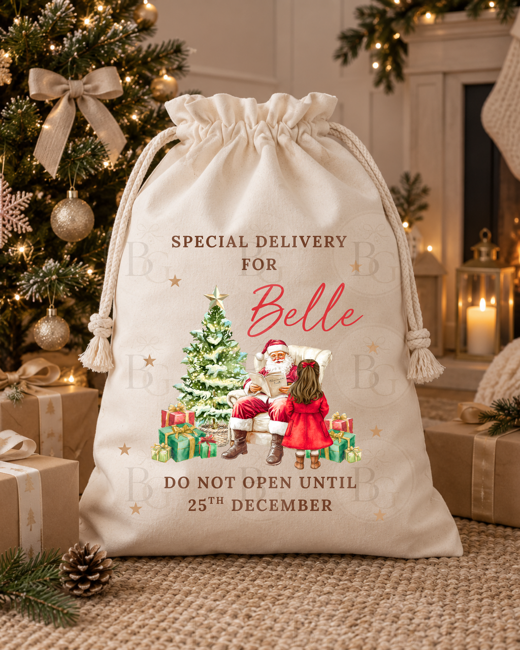 Girls Personalised Christmas Sack – Santa & Christmas Tree