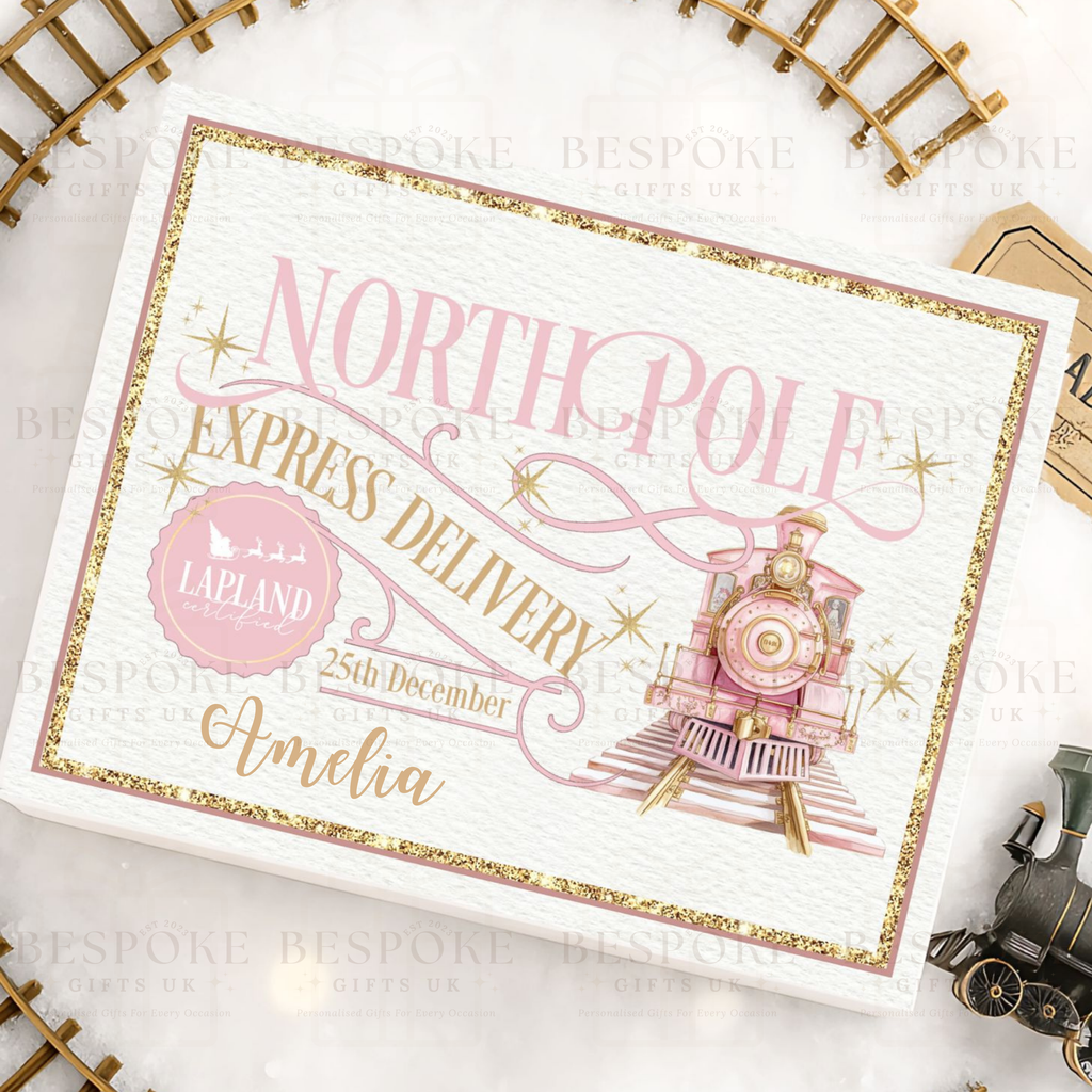 Personalised Magnetic White Gift Box - North Pole Express Train - Pink