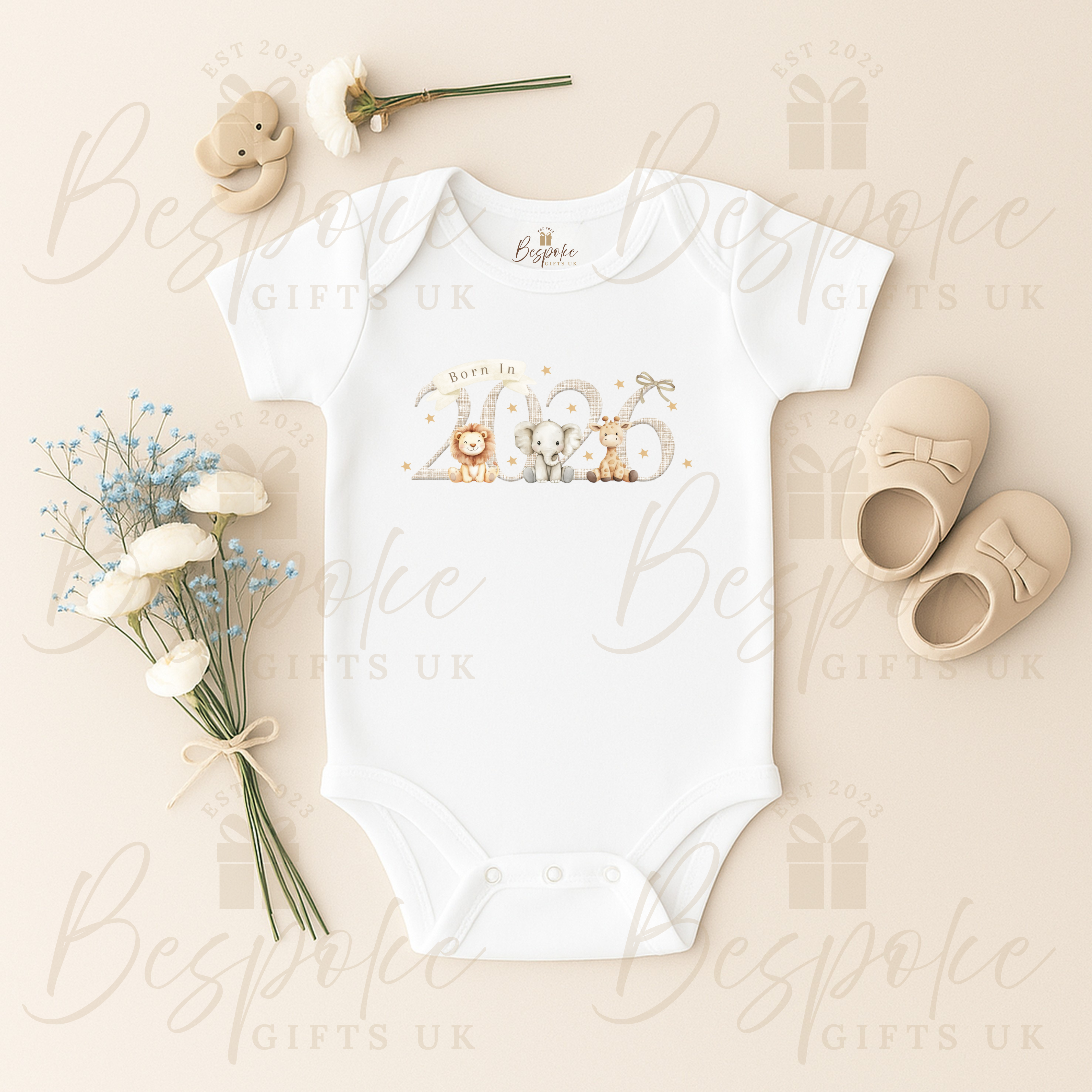 Born In 2026 - Short Sleeve Baby Vest - Safari Design