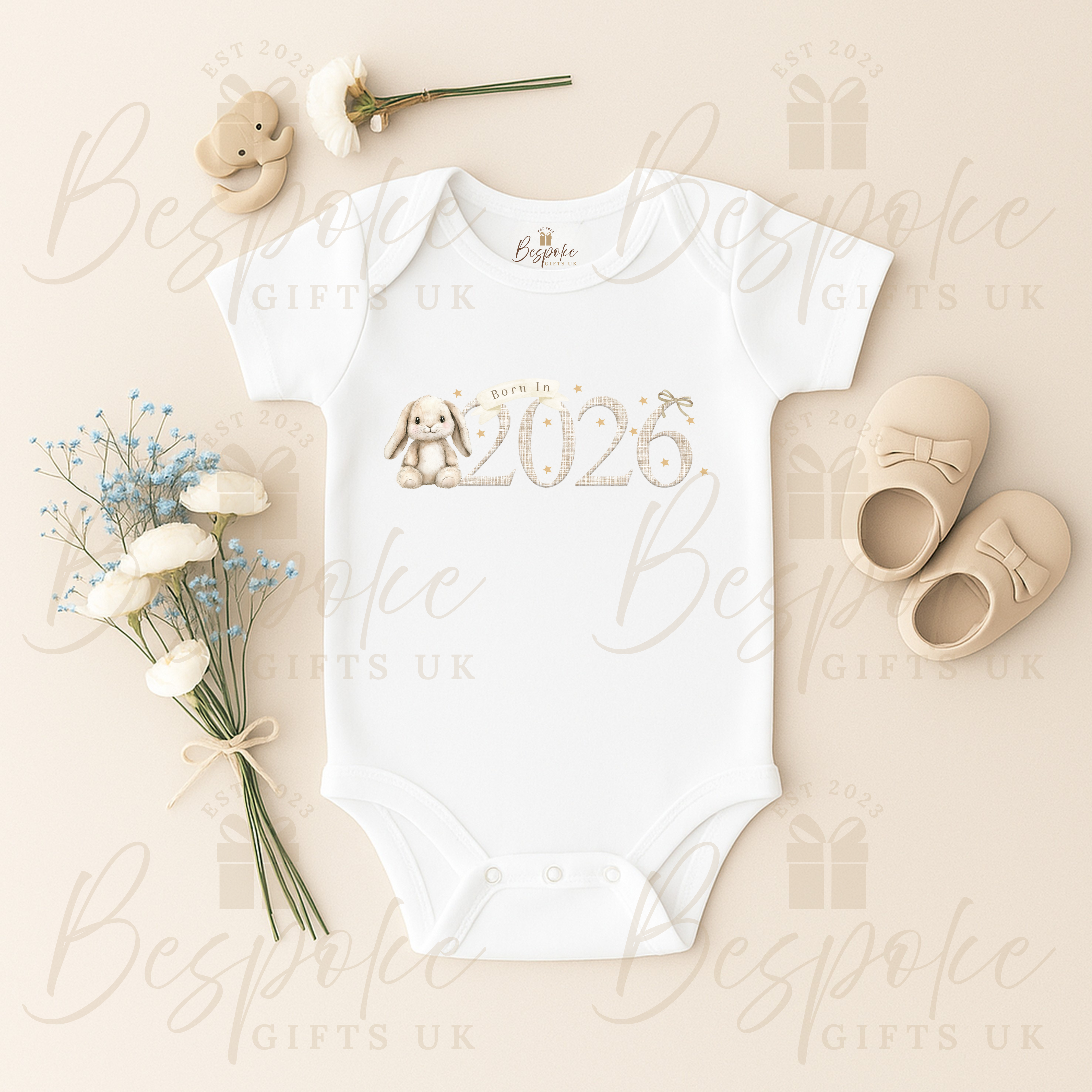 Born In 2026 - Short Sleeve Baby Vest - Bunny Design